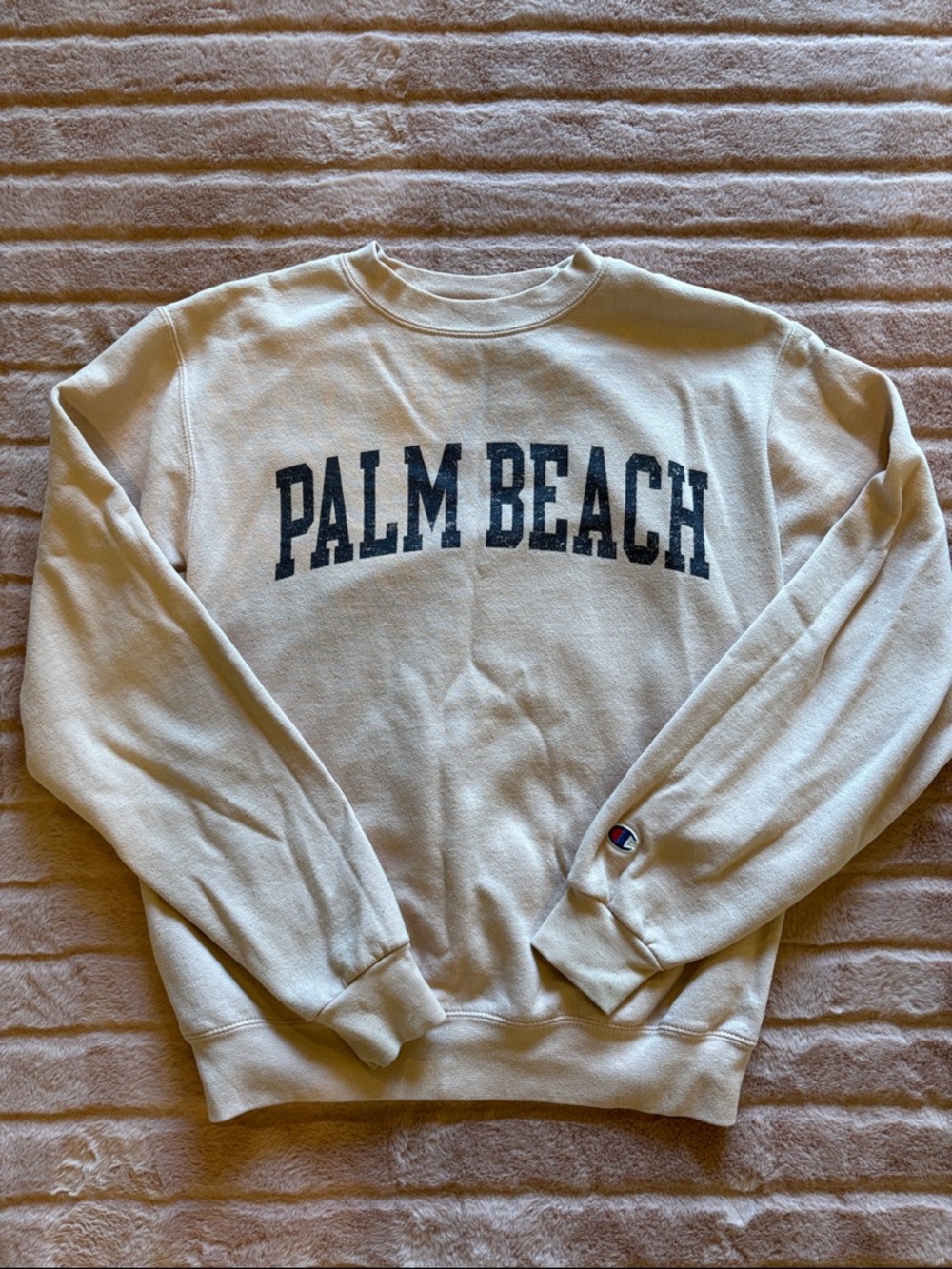 Champion Light Pink Crewneck Sweatshirt with Navy 'PALM BEACH' Lettering size S